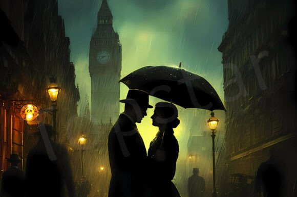 Download Romantic Couple in London Silhouette Art - Silhouette Collection