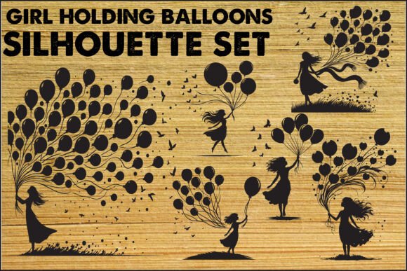 Download Girl with Balloons Silhouette Set - Silhouette Collection